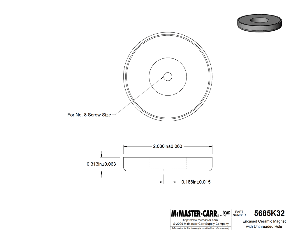 Technical Drawing of Encased Ceramic Magnet with Unthreaded Hole, Zinc-Plated Steel Case, 5/16" Thick, 2-1/32" OD.